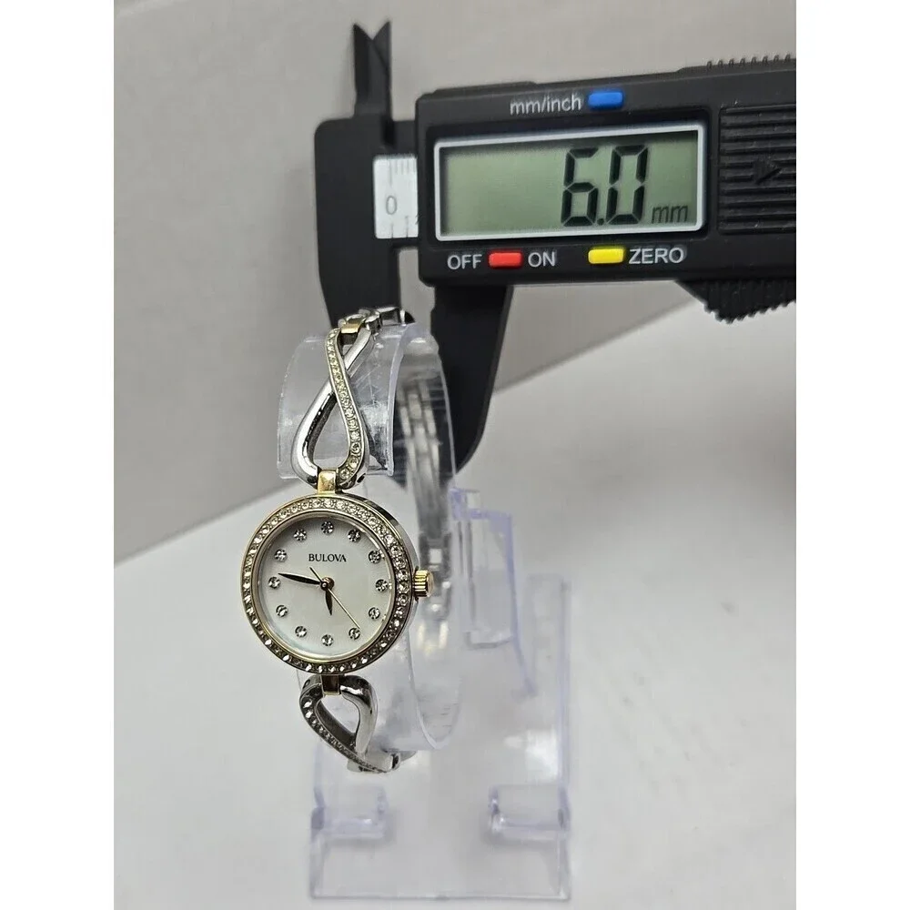 Bulova Womens Crystal Two Tone Bracelet Watch White MOP Dial New Battery Quartz